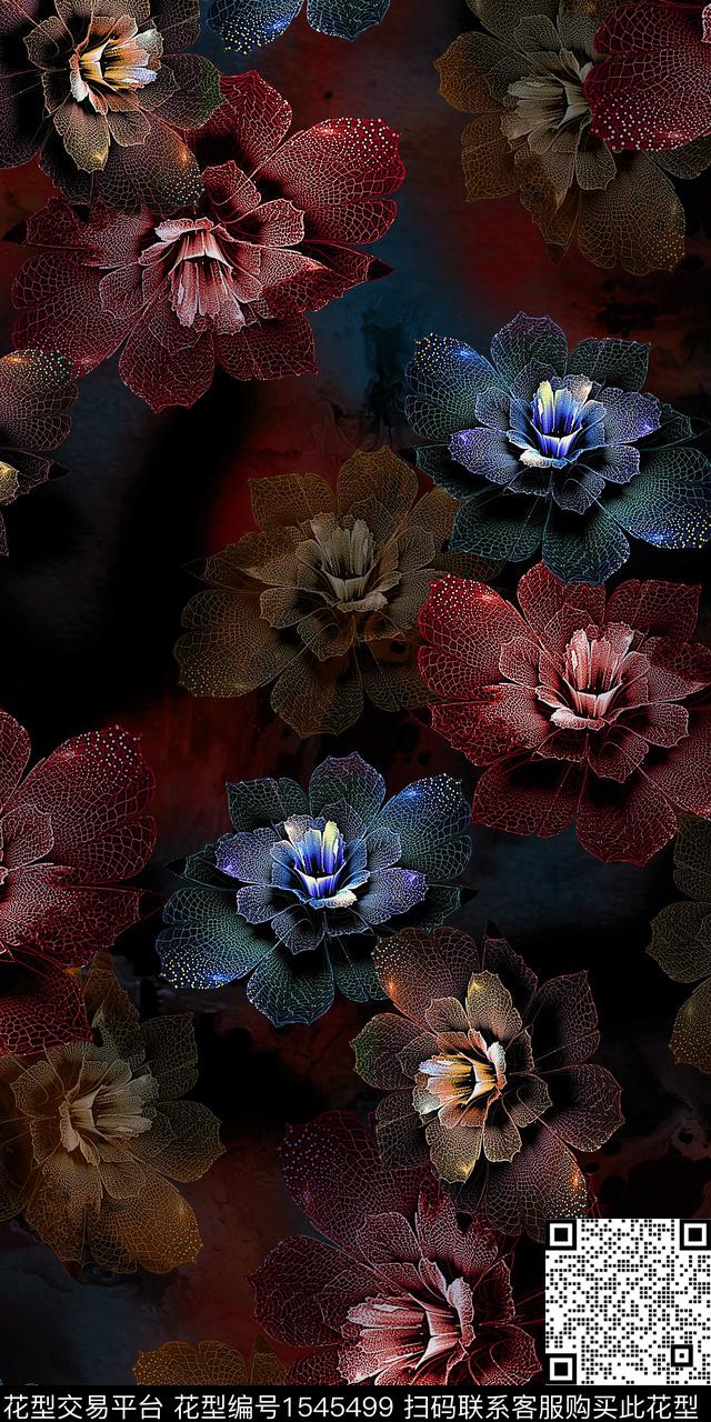 花卉黑底花卉数码华亿平台数码印花华亿平台下载（图片编号: 1545499） - 瓦栏（Walan）