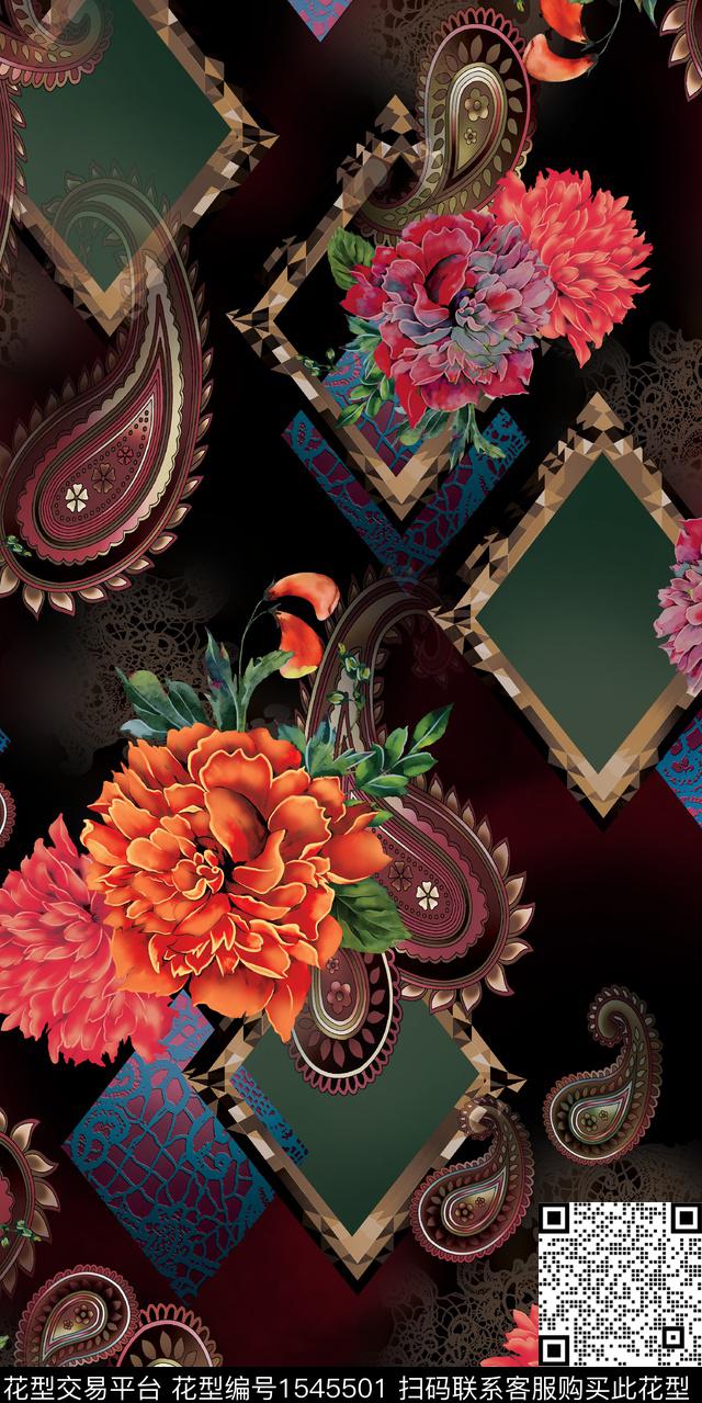 花卉黑底花卉几何数码印花华亿平台下载（图片编号: 1545501） - 瓦栏（Walan）
