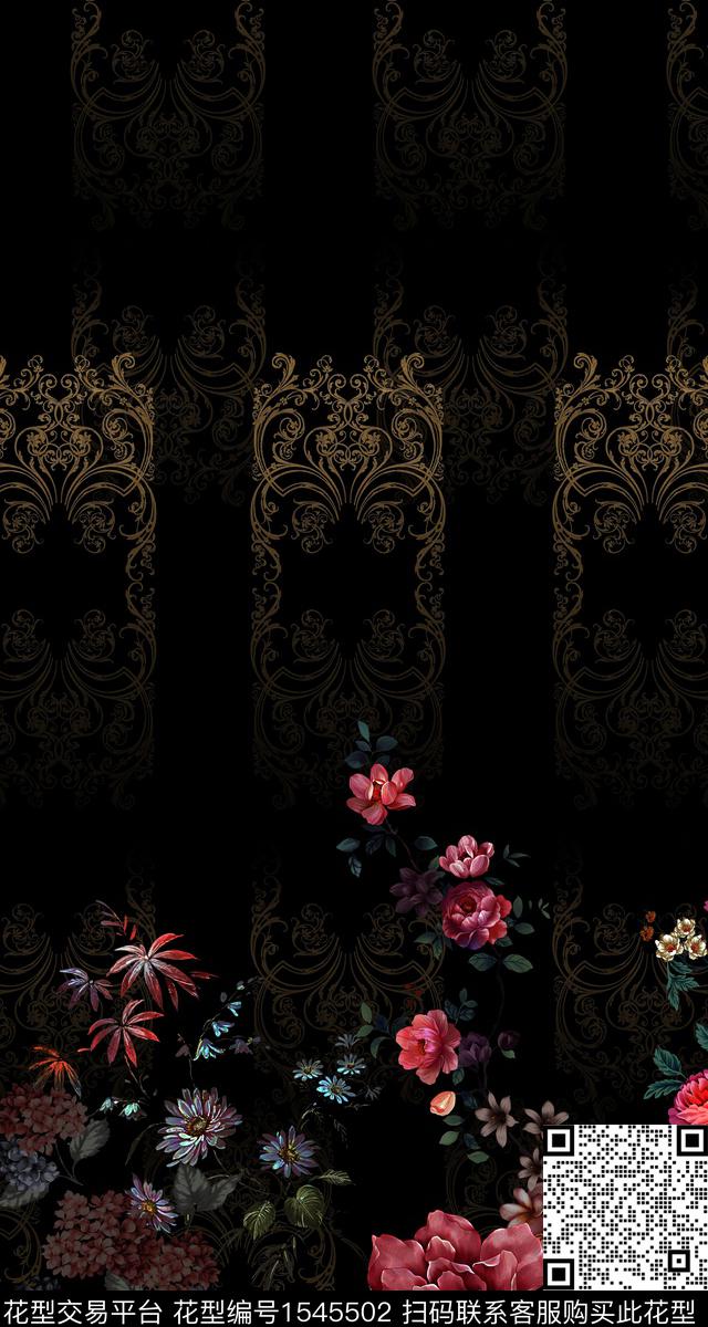 花卉定位黑底花卉数码印花华亿平台下载（图片编号: 1545502） - 瓦栏（Walan）
