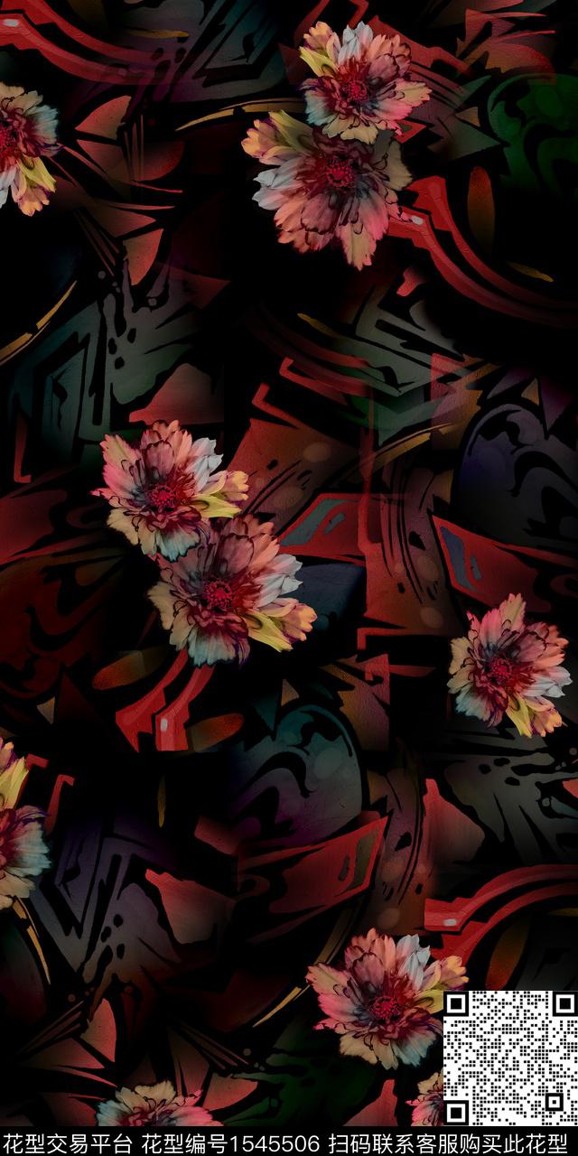 花卉黑底花卉抽象数码印花华亿平台下载（图片编号: 1545506） - 瓦栏（Walan）
