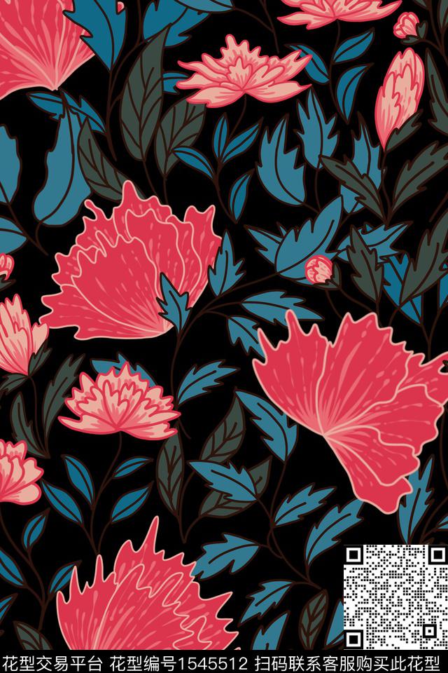 大花平面花卉黑底花卉数码印花华亿平台下载（图片编号: 1545512） - 瓦栏（Walan）