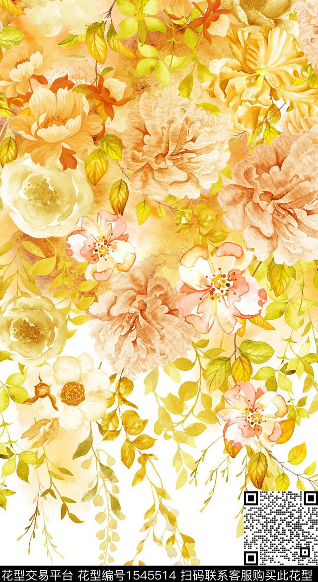 手绘大花大花水彩数码印花华亿平台下载（图片编号: 1545514） - 瓦栏（Walan）