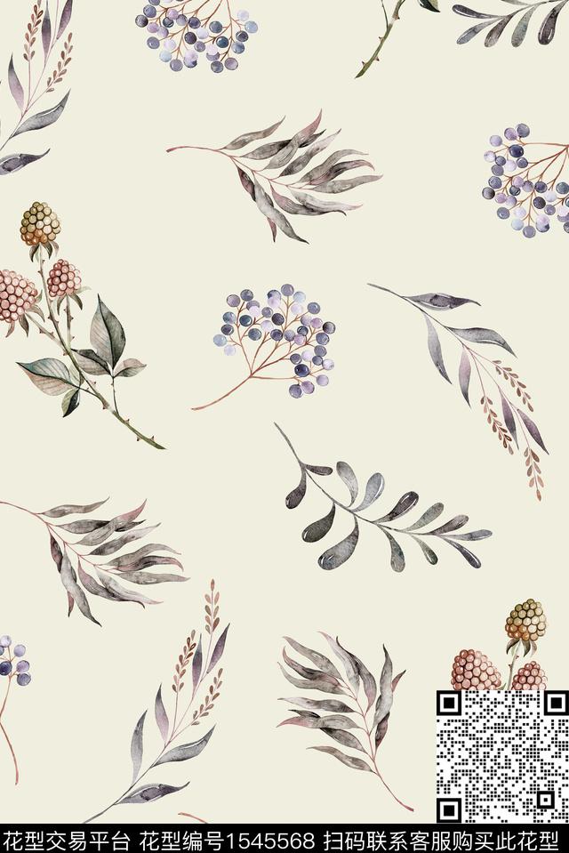 手绘花卉绿植树叶女装数码印花华亿平台下载（图片编号: 1545568） - 瓦栏（Walan）
