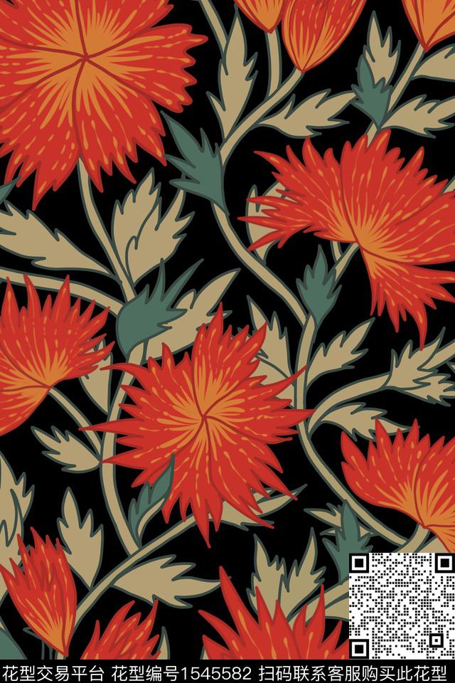 大花平面花卉黑底花卉传统印花华亿平台下载（图片编号: 1545582） - 瓦栏（Walan）