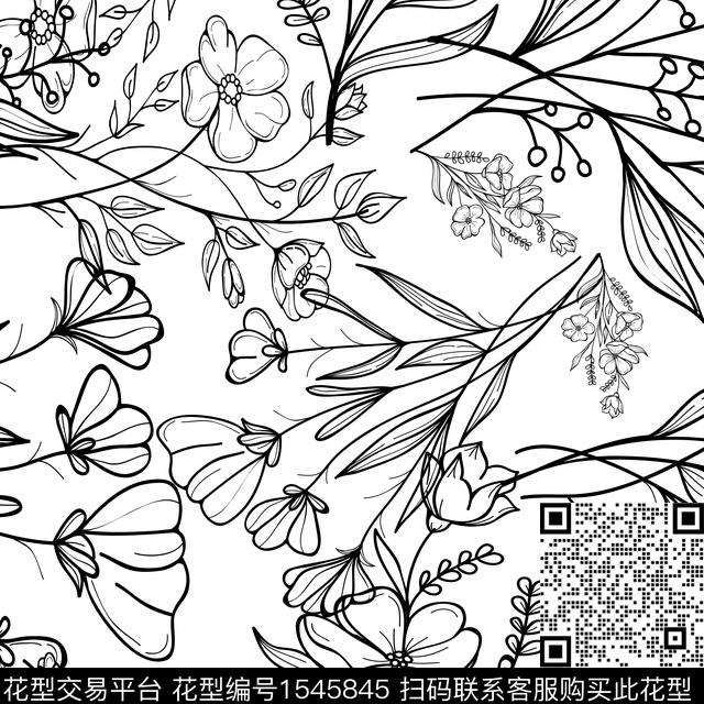 线条花卉女装花卉数码印花华亿平台下载（图片编号: 1545845） - 瓦栏（Walan）