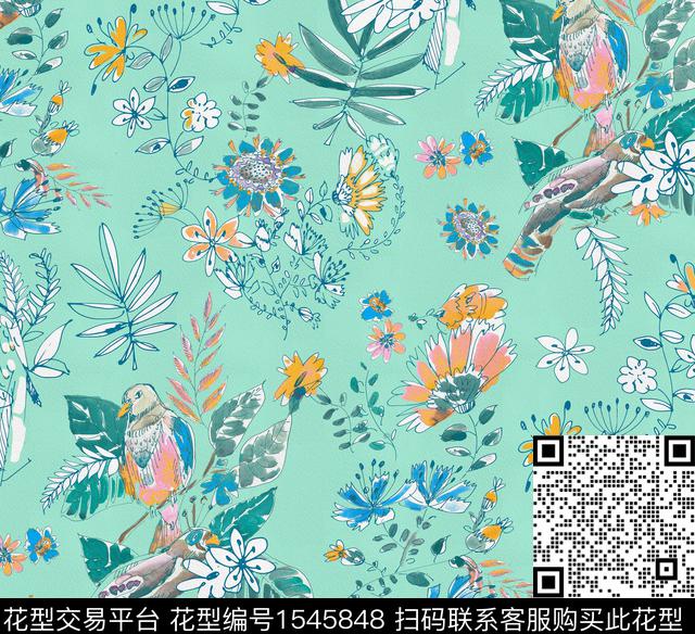 鸟花卉水彩数码印花华亿平台下载（图片编号: 1545848） - 瓦栏（Walan）