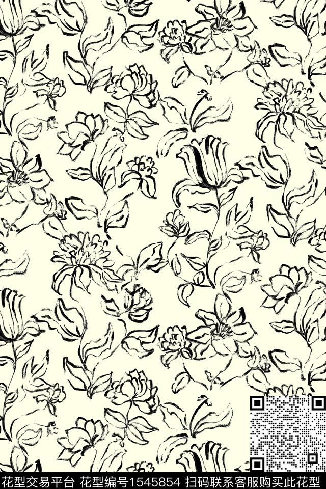 笔触手绘花卉线条数码印花华亿平台下载（图片编号: 1545854） - 瓦栏（Walan）