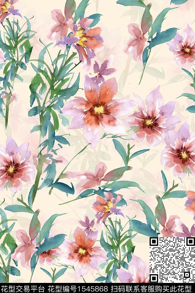 水彩花卉满版散花数码印花华亿平台下载（图片编号: 1545868） - 瓦栏（Walan）