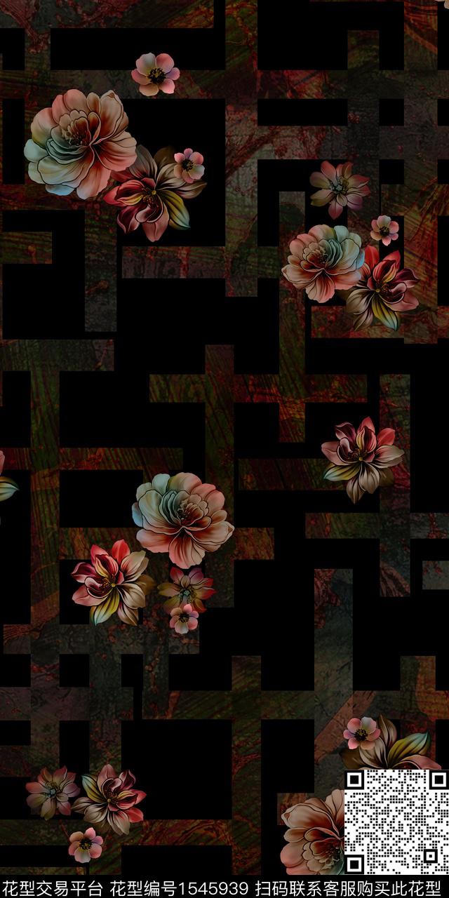 花卉条纹黑底花卉数码印花华亿平台下载（图片编号: 1545939） - 瓦栏（Walan）