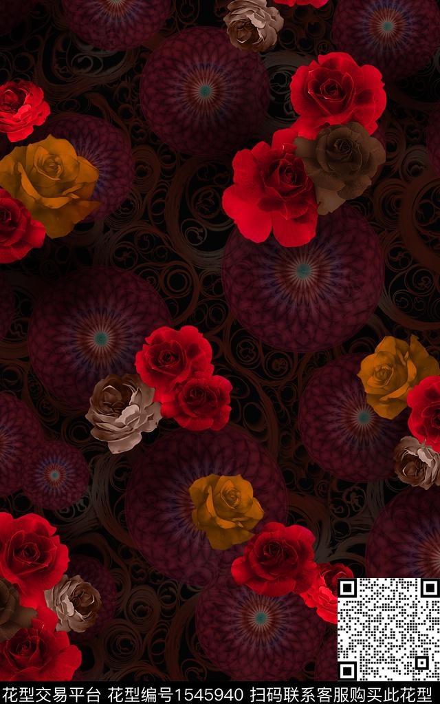 花卉黑底花卉中老年数码印花华亿平台下载（图片编号: 1545940） - 瓦栏（Walan）