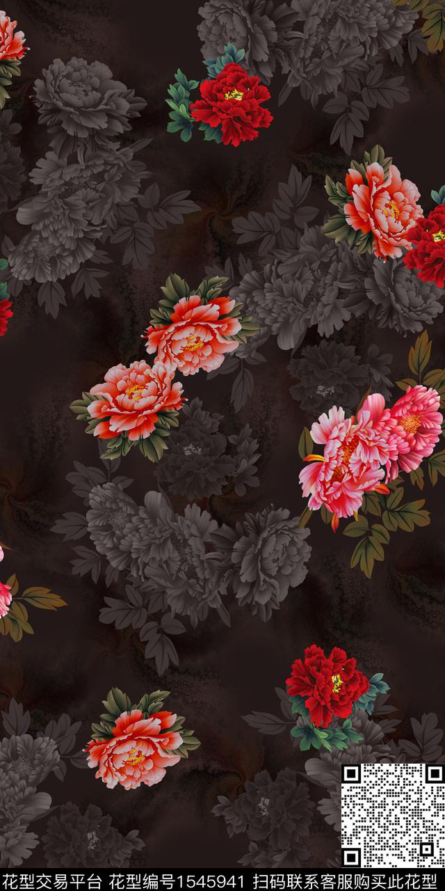 花卉黑底花卉中老年数码印花华亿平台下载（图片编号: 1545941） - 瓦栏（Walan）