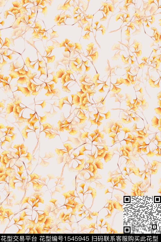 银杏叶小碎花花卉数码印花华亿平台下载（图片编号: 1545945） - 瓦栏（Walan）