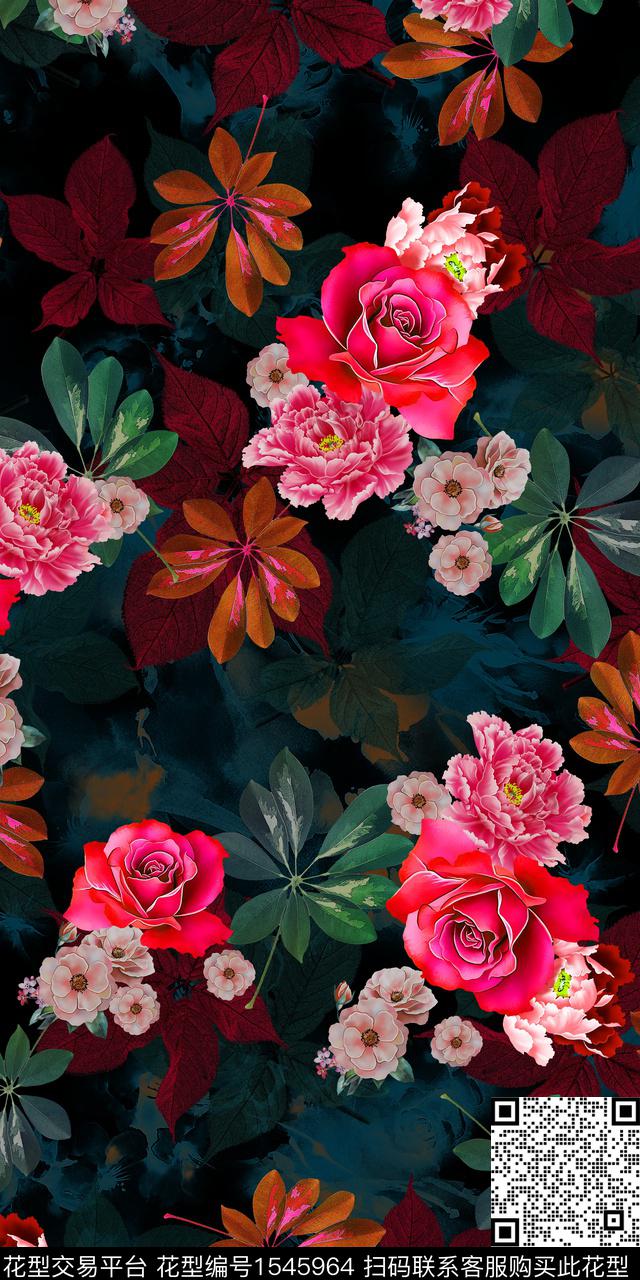 花卉黑底花卉中老年数码印花华亿平台下载（图片编号: 1545964） - 瓦栏（Walan）