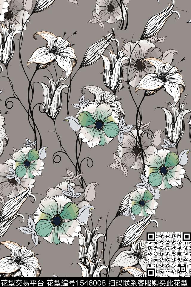 百合枝条线条数码印花华亿平台下载（图片编号: 1546008） - 瓦栏（Walan）