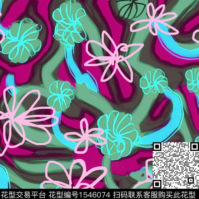 抽象花卉线条数码印花华亿平台下载（图片编号: 1546074） - 瓦栏（Walan）
