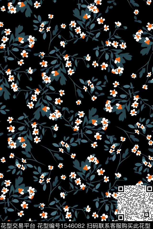 小碎花黑底花卉花卉数码印花华亿平台下载（图片编号: 1546082） - 瓦栏（Walan）