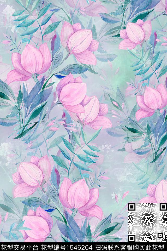 底纹水彩花卉数码印花华亿平台下载（图片编号: 1546264） - 瓦栏（Walan）