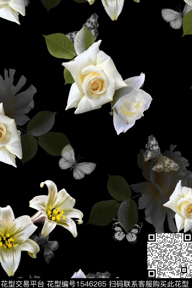 蝴蝶黑底花卉花卉数码印花华亿平台下载（图片编号: 1546265） - 瓦栏（Walan）