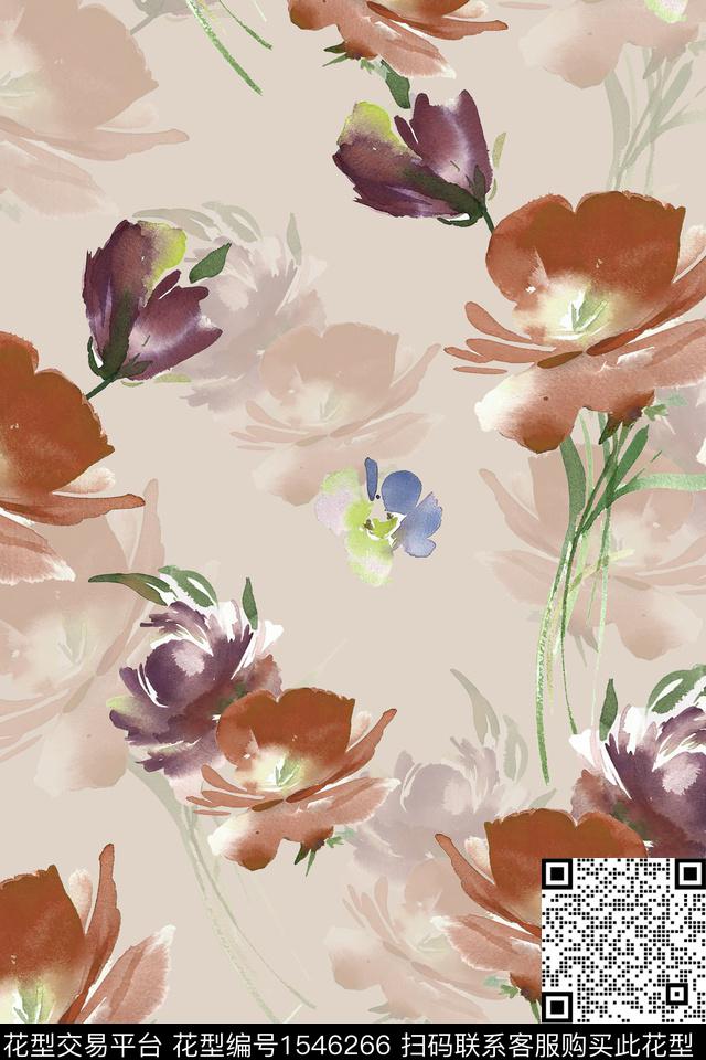 影花水彩花卉数码印花华亿平台下载（图片编号: 1546266） - 瓦栏（Walan）