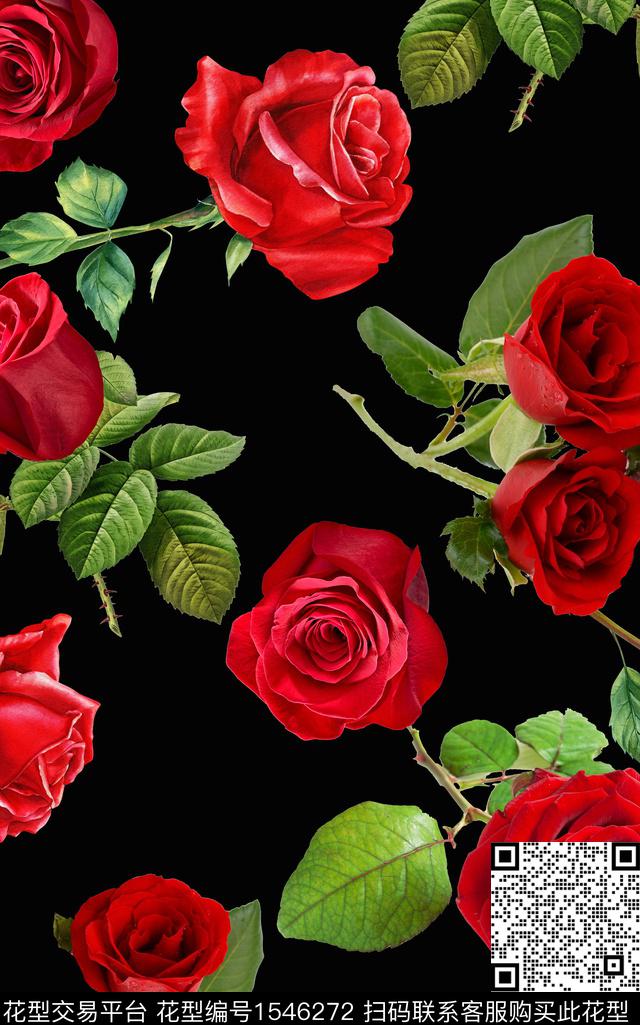 大花黑底花卉花卉数码印花华亿平台下载（图片编号: 1546272） - 瓦栏（Walan）
