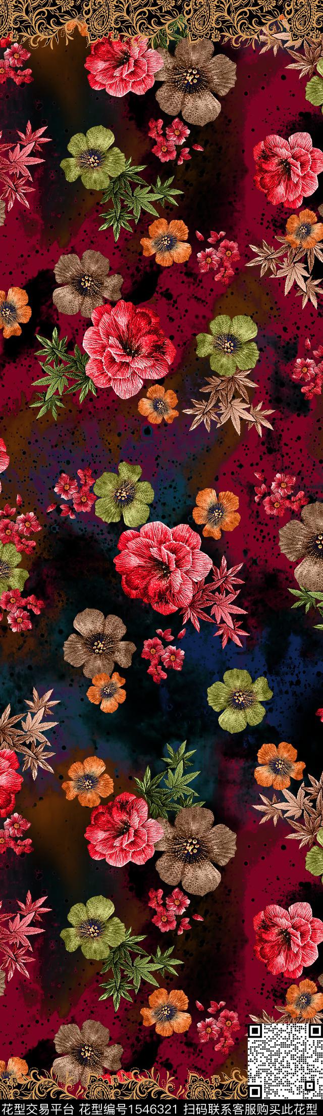 花卉仿刺绣民族风数码印花华亿平台下载（图片编号: 1546321） - 瓦栏（Walan）