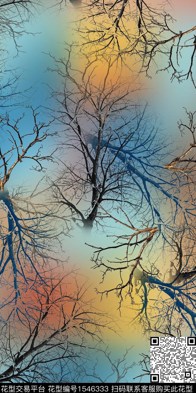 抽象渐变树数码印花华亿平台下载（图片编号: 1546333） - 瓦栏（Walan）