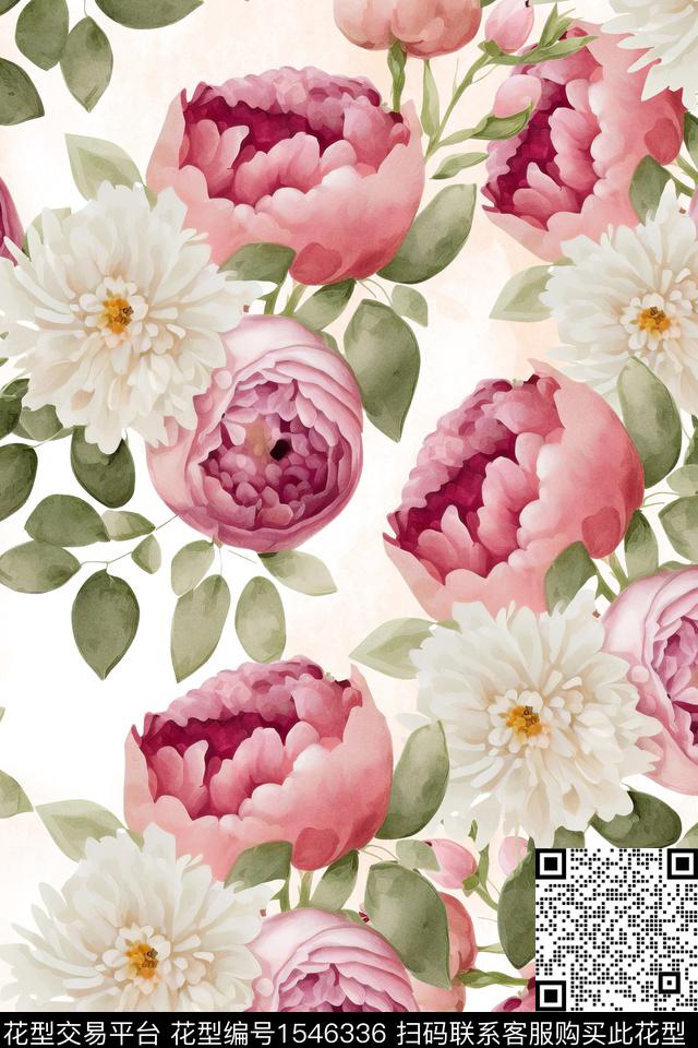 大花水彩花卉数码印花华亿平台下载（图片编号: 1546336） - 瓦栏（Walan）