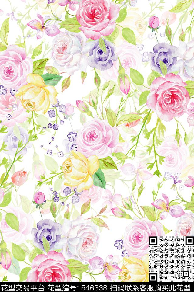 小清新满版散花水彩数码印花华亿平台下载（图片编号: 1546338） - 瓦栏（Walan）