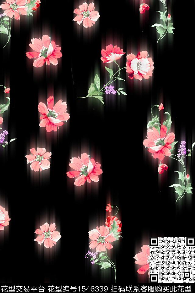 虚影小碎花黑底花卉数码印花华亿平台下载（图片编号: 1546339） - 瓦栏（Walan）