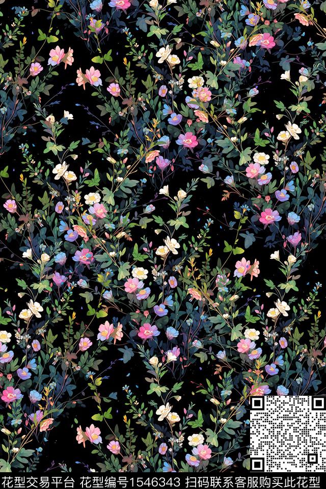 小碎花黑底花卉花卉数码印花华亿平台下载（图片编号: 1546343） - 瓦栏（Walan）