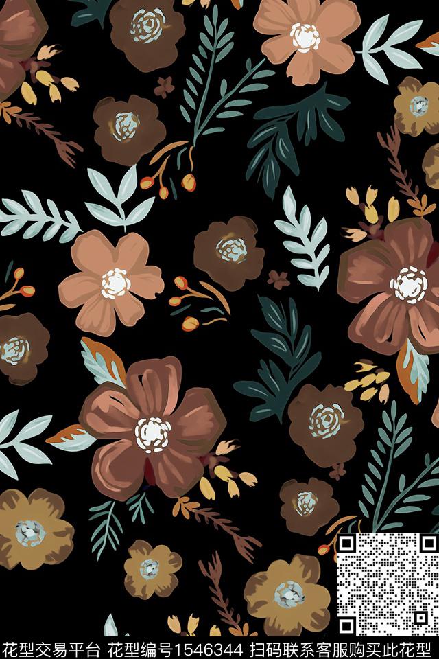 笔触黑底花卉花卉数码印花华亿平台下载（图片编号: 1546344） - 瓦栏（Walan）