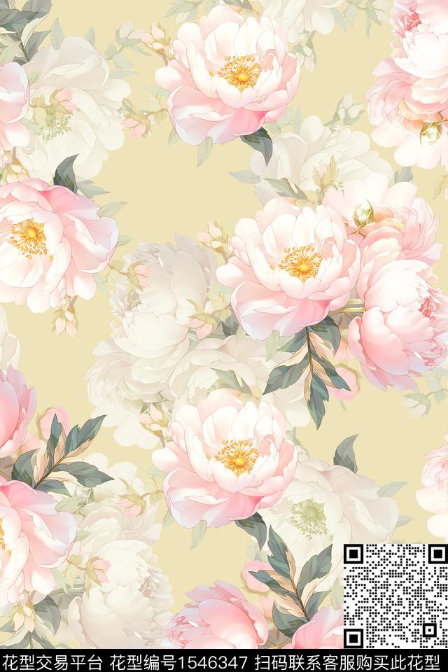 清爽大花花卉数码印花华亿平台下载（图片编号: 1546347） - 瓦栏（Walan）