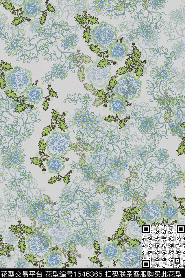 花卉线条花满版散花数码印花华亿平台下载（图片编号: 1546365） - 瓦栏（Walan）
