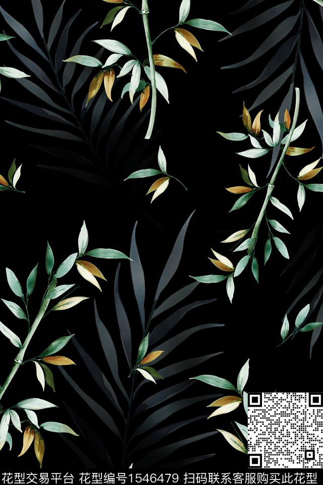 竹子竹叶黑底数码印花华亿平台下载（图片编号: 1546479） - 瓦栏（Walan）