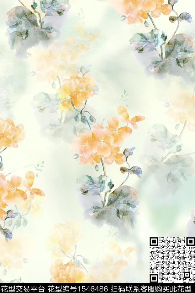 底纹水彩花卉数码印花华亿平台下载（图片编号: 1546486） - 瓦栏（Walan）