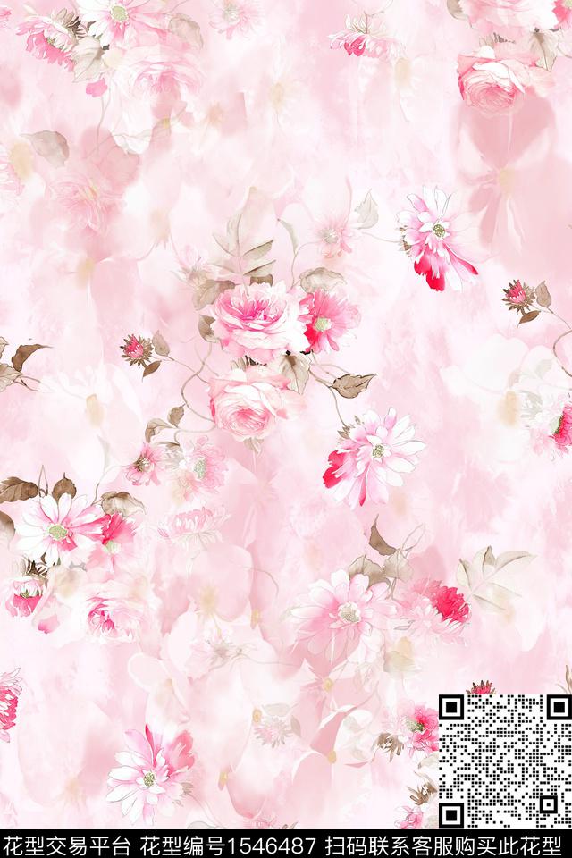底纹水彩花卉数码印花华亿平台下载（图片编号: 1546487） - 瓦栏（Walan）