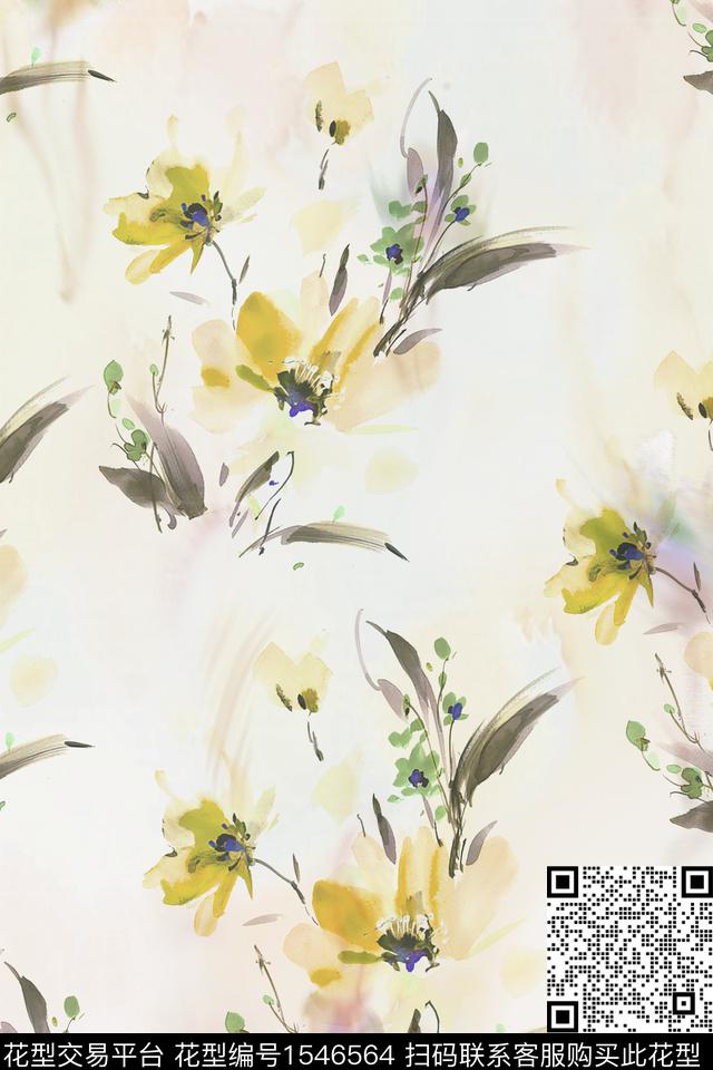 水彩花卉国画数码印花华亿平台下载（图片编号: 1546564） - 瓦栏（Walan）
