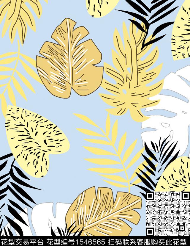 热带叶子线条传统印花华亿平台下载（图片编号: 1546565） - 瓦栏（Walan）