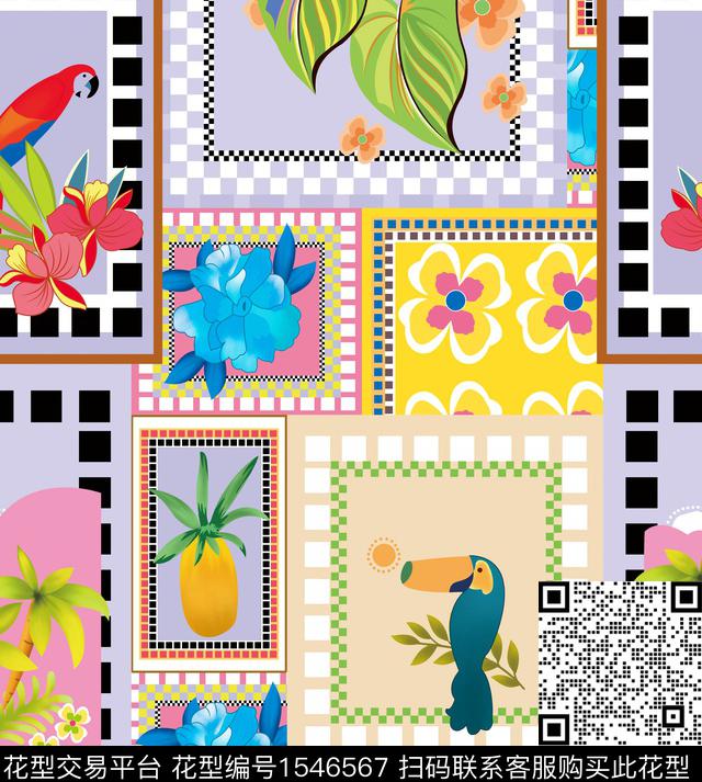 热带鸟叶子数码印花华亿平台下载（图片编号: 1546567） - 瓦栏（Walan）