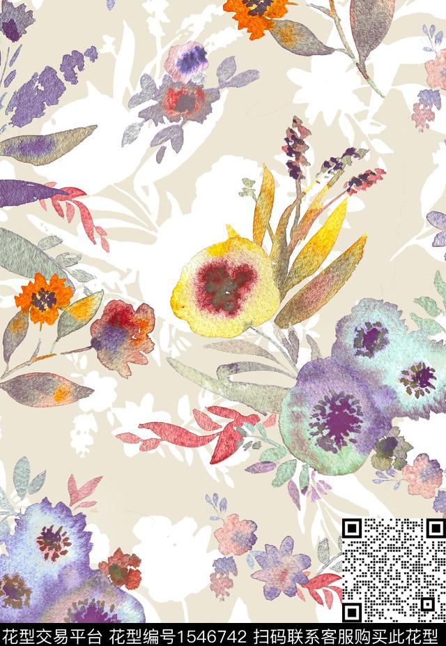 花卉水彩剪影数码印花华亿平台下载（图片编号: 1546742） - 瓦栏（Walan）