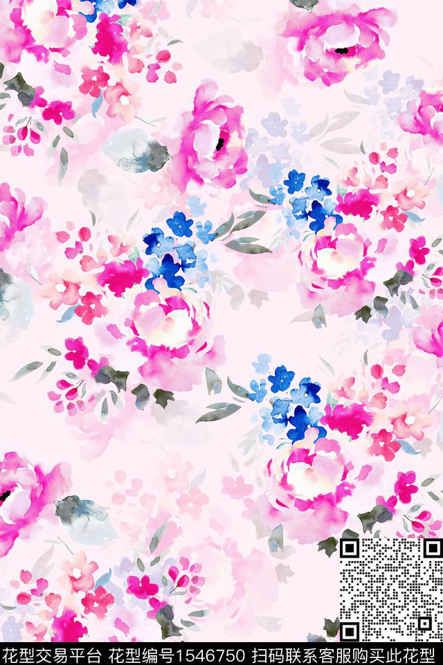 花卉水彩满版散花数码印花华亿平台下载（图片编号: 1546750） - 瓦栏（Walan）