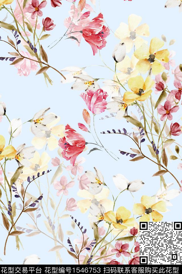 水彩花卉影花数码印花华亿平台下载（图片编号: 1546753） - 瓦栏（Walan）