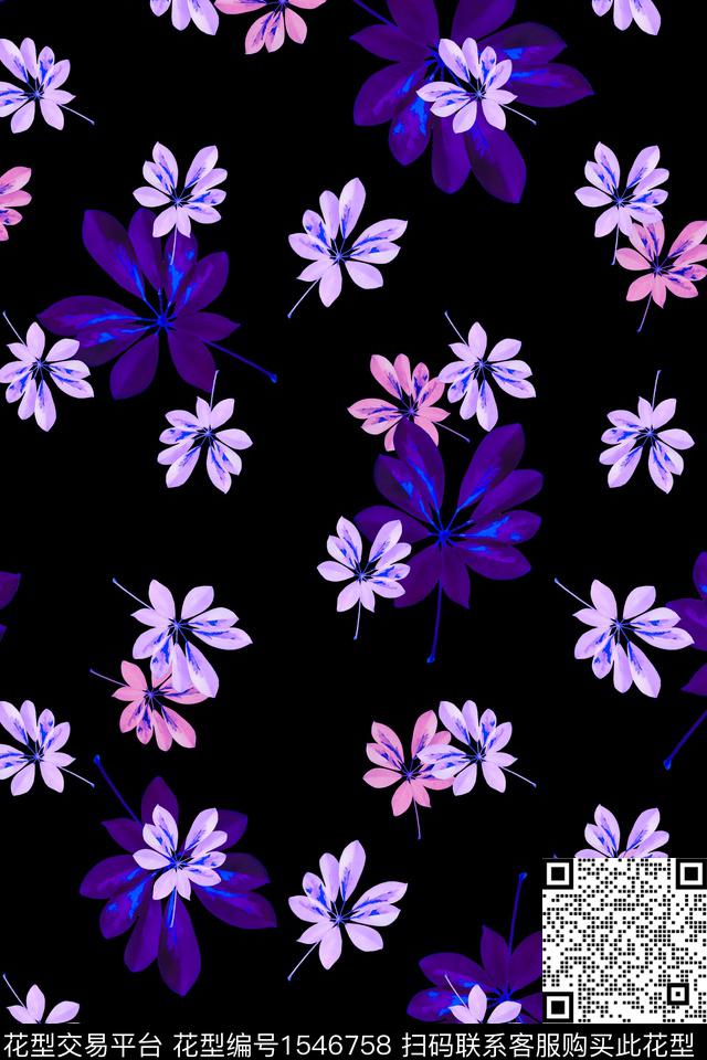 花卉碎花黑底花卉数码印花华亿平台下载（图片编号: 1546758） - 瓦栏（Walan）