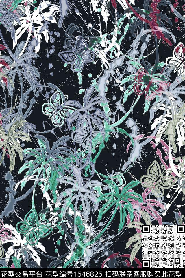 抽象树蝴蝶数码印花华亿平台下载（图片编号: 1546825） - 瓦栏（Walan）