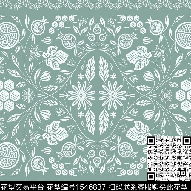 蜜蜂石榴几何数码印花华亿平台下载（图片编号: 1546837） - 瓦栏（Walan）