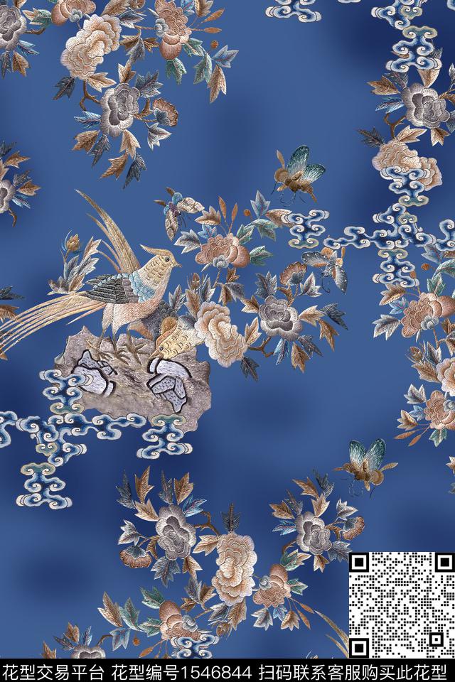 中国风真丝复古旗袍花数码印花华亿平台下载（图片编号: 1546844） - 瓦栏（Walan）