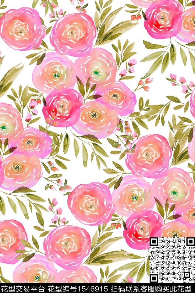 水彩团花花卉数码印花华亿平台下载（图片编号: 1546915） - 瓦栏（Walan）