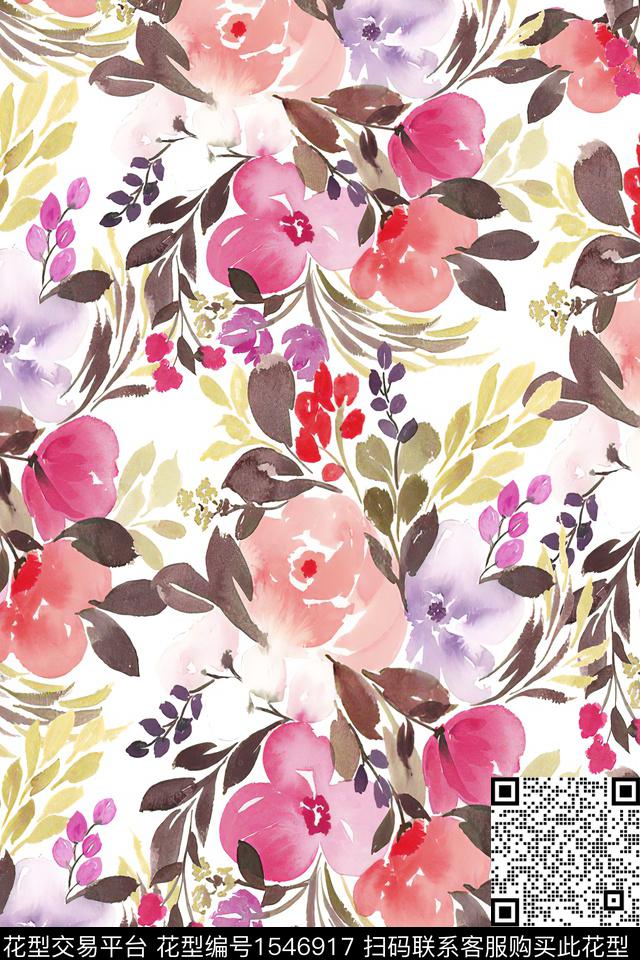 水彩大花花卉数码印花华亿平台下载（图片编号: 1546917） - 瓦栏（Walan）