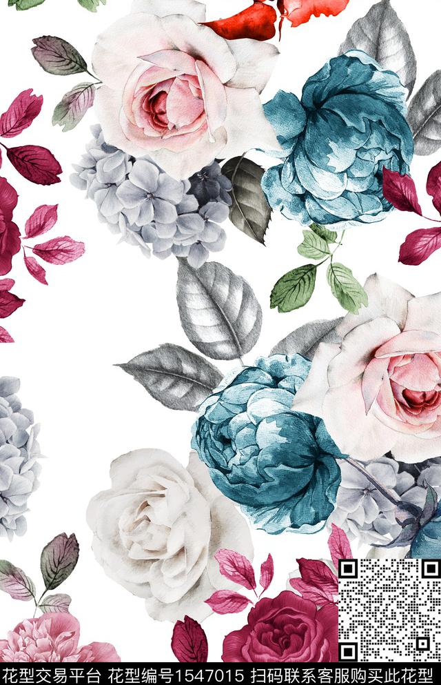 水彩花卉白底花数码印花华亿平台下载（图片编号: 1547015） - 瓦栏（Walan）