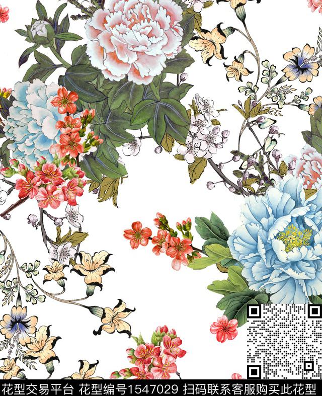 花卉牡丹白底花数码印花华亿平台下载（图片编号: 1547029） - 瓦栏（Walan）